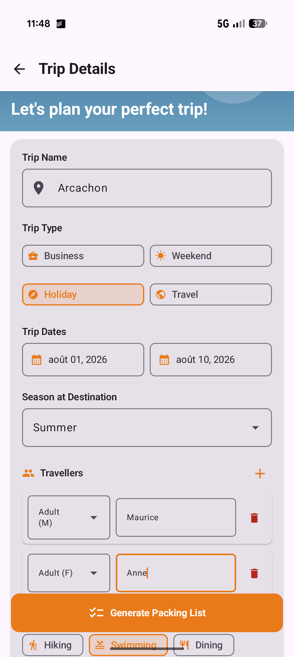 PackGenie Trip Details Screen