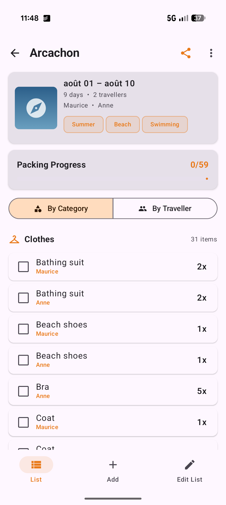 PackGenie Packing List Detail View